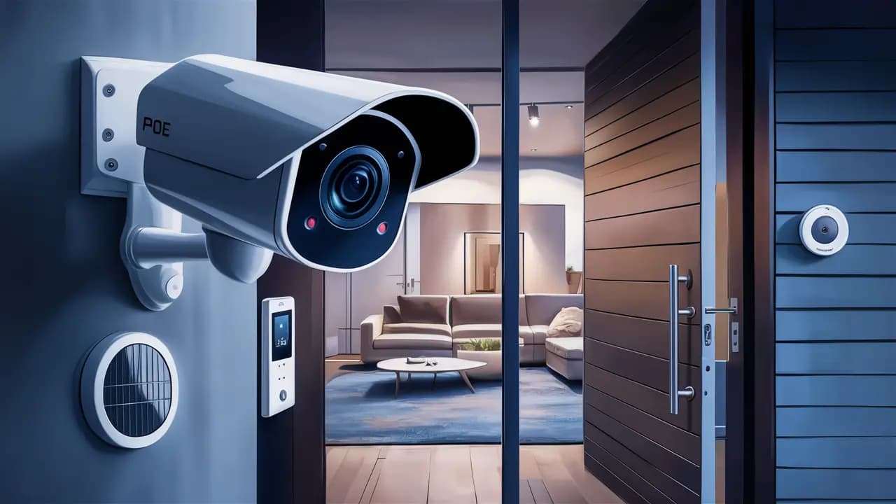 Outdoor security camera and smart lock protecting a modern home