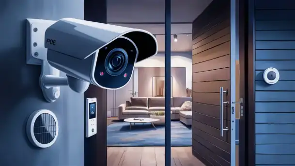 Outdoor security camera and smart lock protecting a modern home